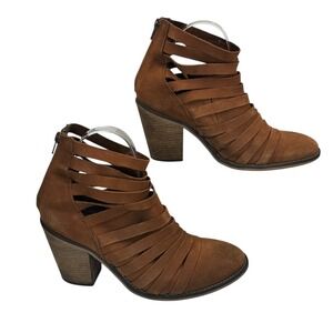 Free People Womens Sz 40 Brown‎ Strappy Leather Cutout Heeled Booties Block Heel